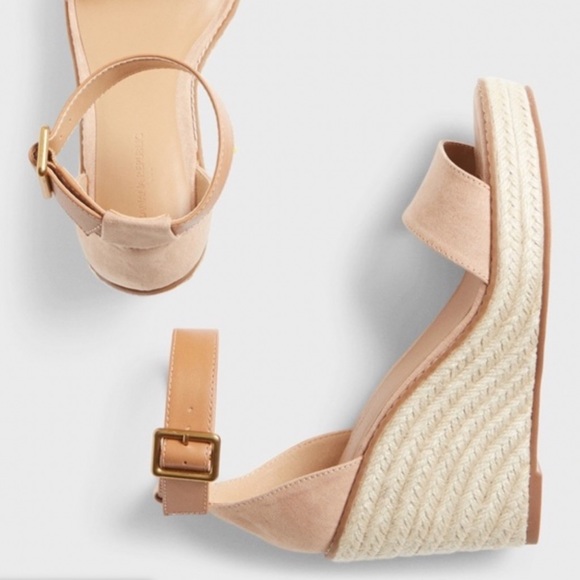 NWT BANANA REPUBLIC $150 Suede Wedge Espadrilles Ankle Strap Blush Tan - Picture 2 of 2
